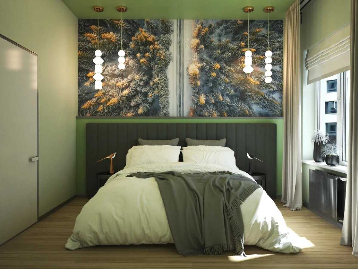 Теплые оттенки в спальне зеленый