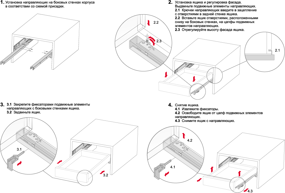 Инструкция по снятию и установке ящиков с направляющих, используемых в изделиях компании aquaton