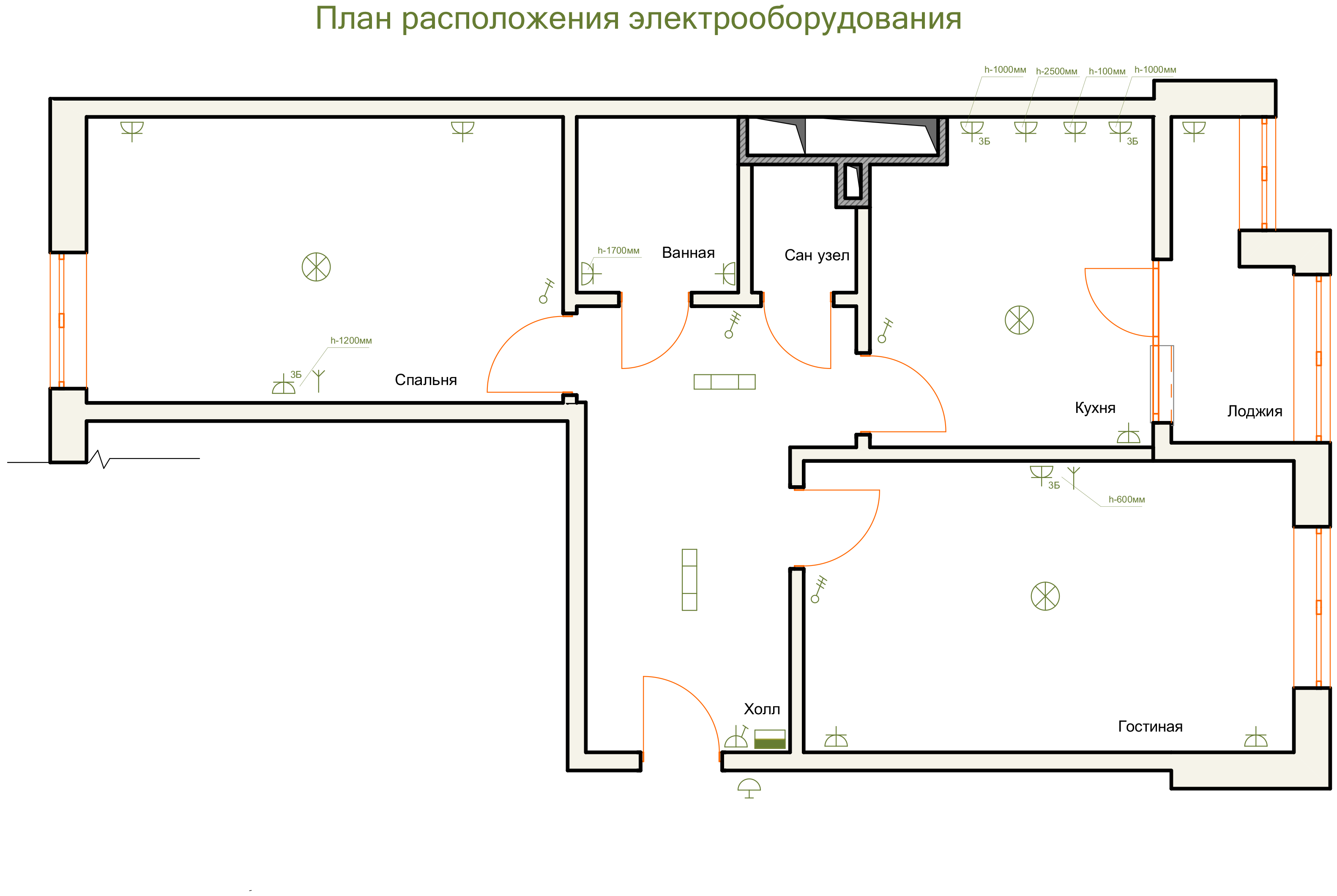 Схема электропроводки в квартире (спальная комната)